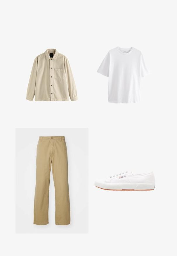 Beige Cordura-Hemd mit langen Ärmeln, Kragen und einer einzelnen Brusttasche auf der linken Seite.; Schlichtes weißes T-Shirt mit kurzen Ärmeln und Rundhalsausschnitt, leger geschnitten, auf weißem Hintergrund dargestellt.; Khakifarbene Baumwollhose mit geradem Bein, ausgestattet mit einem vorderen Knopfverschluss und Seitentaschen. Glatte, robuste Textur.; Weiße Leinensneaker mit Gummisohle, Schnürdesign und einem kleinen Logolabel an der Seite. Strukturierte weiße Oberseite und braune Außensohle.