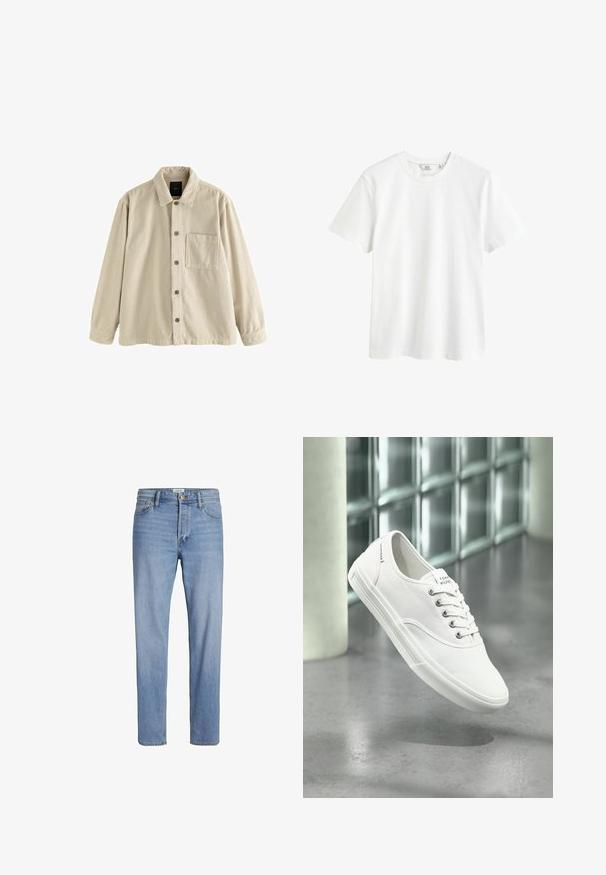 Beige corduroy overhemden met lange mouwen, een kraag en een enkele borstzak aan de linkerkant.; Witte katoenen t-shirt met een ronde hals, korte mouwen en een relaxte pasvorm. Gladde textuur, geen patronen of versieringen.; Lichtblauwe denim jeans met een rechte snit, standaard vijf-pocketontwerp en zichtbare stiksels. Geen onderscheidende patronen of accenten.; Witte lage canvas sneaker met veters, met label Tommy Hilfiger, getoond zwevend boven een gladde grijze vloer nabij een muur van glasblokken.