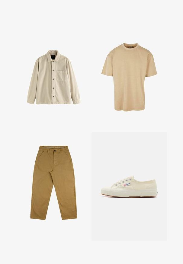 Beežist koomikuga nööpidega särk, pikkade varrukatega, krae ja ainus rinnatasku vasakul küljel.; Urban Classics OVERSIZED GARMENT DYE TEE - Lihtne T-särk - unionbeige; Kerged püksid, mis on valmistatud vastupidavast puuvillast. Omab nööbiga sulgemist, viie-tasku disaini ja silti vööl, millel on tekst.; Beež canvas-tossud madala profiiliga disainiga, metallist silmadega ja kummist tallaga. Omab tekstureeritud mustrit ja logo detaili küljel.