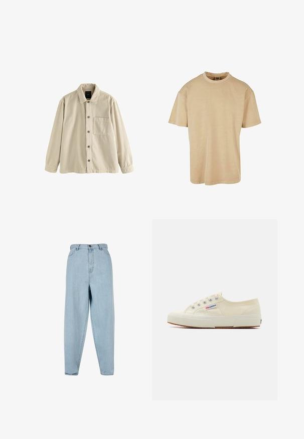 Beige corduroy overhemden met lange mouwen, een kraag en een enkele borstzak aan de linkerkant.; Urban Classics OVERSIZED GARMENT DYE TEE - T-shirt basic - unionbeige; Lichtblauwe high-waisted jeans met een relaxte fit. Voorzien van een knoopsluiting, ritssluiting en vijf-pocketdesign. Licht vervaagde stoftextuur.; Beige canvas sneaker met een laag profiel, metalen oogjes en rubberen zool. Beschikt over een textuurpatroon en logodetail aan de zijkant.