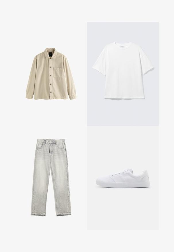 Beige Cordura-Hemd mit langen Ärmeln, Kragen und einer einzelnen Brusttasche auf der linken Seite.; Weißes oversized T-Shirt mit kurzen Ärmeln und Rundhalsausschnitt mit eingesetzten Schultern, flach auf hellgrauem Hintergrund.; Hellgraue Jeans aus Denim mit leicht gefärbtem Finish, geradem Schnitt, fünf Taschen-Design und ausgefranstem Saum. Flacher Bund mit Gürtelschlaufen.; Weiße Leinenschuhe mit Gummisohle, ausgestattet mit sechs Ösen, einer strukturierten Zehenkappe und minimalistischer Gestaltung.
