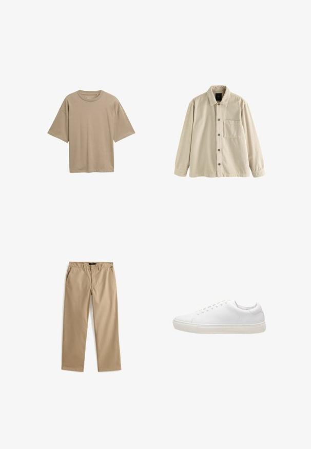 Beige fløjl skjorte med knaplukning, lange ærmer, krave og en enkelt brystlomme på venstre side.; Beige kortærmet t-shirt med en løs pasform, rund halsudskæring og glat tekstur. Ingen synlige mønstre eller hardware detaljer.; Beige bukser med lige ben, knap- og lynlåslukning, bæltestropper og sidelommer, lagt fladt på en hvid baggrund.; Hvide lædersneakers med en glat overflade, rund tå, snørebåndslukning og flad gummisål. Minimalistisk design uden synlige mønstre.