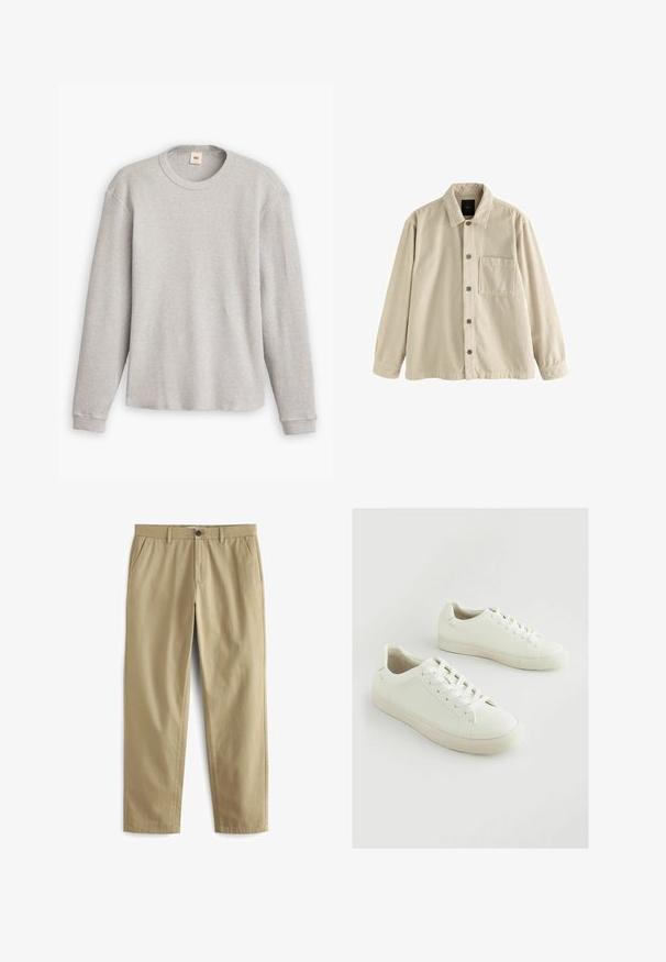 Beige corduroy overhemden met lange mouwen, een kraag en een enkele borstzak aan de linkerkant.; Grijze lange mouwen trui van gebreid materiaal met een geribbeld patroon, ronde halslijn en rechte zoom. De manchetten zijn aansluitend en gemaakt van zachte stof.; Beige broeken van een katoenmix, met een knoopsluiting, twee voorzakken en rechte pijpen met een minimale textuur.; Witte sneakers van gestructureerd synthetisch materiaal, met een ronde neus, veterontwerp en een licht verhoogde rubberen zool.