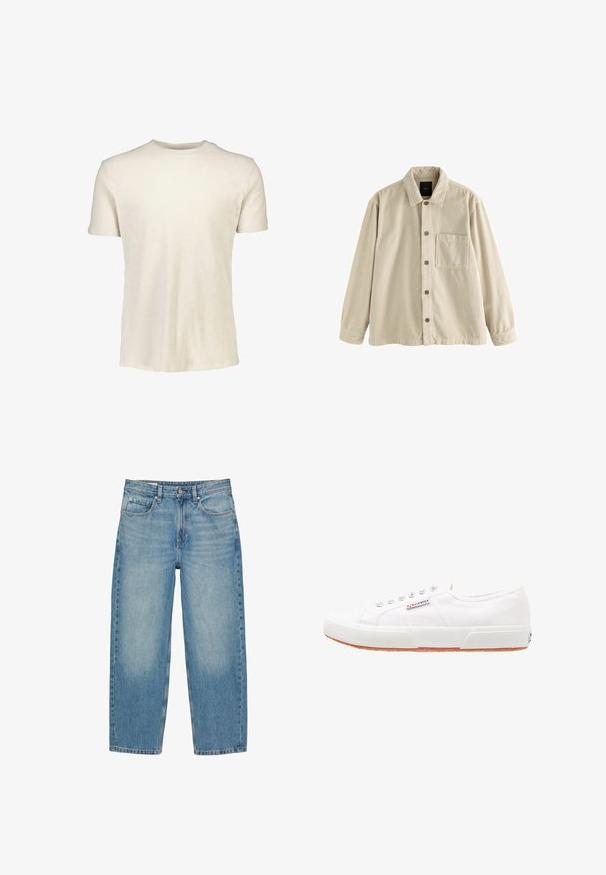 Beige fløjl skjorte med knaplukning, lange ærmer, krave og en enkelt brystlomme på venstre side.; Kortærmet T-shirt i lyse beige, lavet af blødt bomuld. Har en rund halsudskæring og en glat tekstur uden mønstre eller grafik.; Blå jeans med lige ben, forlommer, bæltestropper, knaplukning og diskrete falmede detaljer på lår og knæ.; Hvide kanvas sneakers med gummisål, snørebåndsdesign og et lille logo mærke på siden. Tekstureret hvid overdel og brun ydersål.