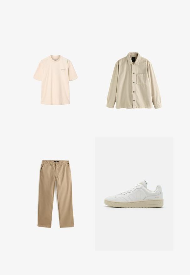 Beige Cordura-Hemd mit langen Ärmeln, Kragen und einer einzelnen Brusttasche auf der linken Seite.; Beiges Kurzarm-T-Shirt mit Rundhalsausschnitt und kleinem "ALLSAINTS" Logo sowie Text auf der linken Brustseite.; Beige Chinos mit geradem Bein, gefertigt aus leichtem Baumwollstoff. Verfügen über zwei Vordertaschen und einen Knopfverschluss. Glatte Textur, minimalistische Details.; Weiße Leder-Sneaker mit strukturierter Oberfläche und gepolstertem Kragen. Sie verfügen über eine beigen Gummisohle und dezente Markenkennzeichnung an der Ferse und an der Seite.