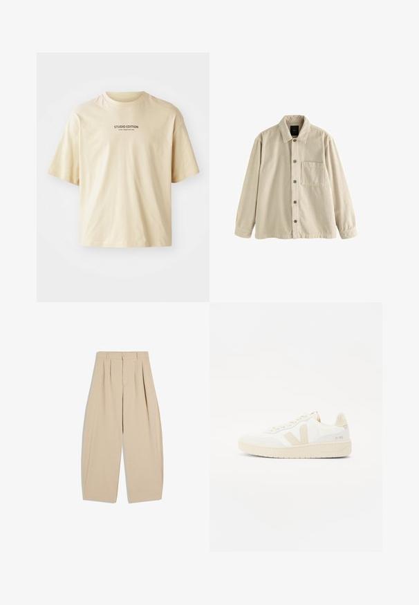 Beige fløjl skjorte med knaplukning, lange ærmer, krave og en enkelt brystlomme på venstre side.; Beige bomulds t-shirt med rund hals, korte ærmer og teksten "STUDIO EDITION" i sort print over brystet.; Beige højhalset bukser med vidde i benene, plisseringer, bæltestropper, knaplukning og en skjult lynlås foran.; Hvide sneakers med beige accenter, der har en tekstureret overdel, rund tå og en tykk gummisål. Designet inkluderer det ikoniske V-logo og branding.