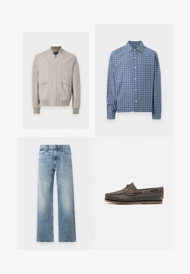 Veste bomber beige clair avec fermeture éclair à l'avant, col, poignets et bas côtelés, et deux poches à rabat pressionnées sur le devant.; Chemise à manches longues à boutons en tissu à carreaux bleu et blanc, avec col et poche avant, sur un fond clair uni.; Jean droit en denim bleu clair avec taille haute, cinq poches, fermeture à boutons et léger délavage sur les cuisses et les genoux.; Bateau en cuir marron foncé avec un profil bas, comportant des œillets en laiton et des coutures contrastées, une semelle en caoutchouc plate et une finition texturée.