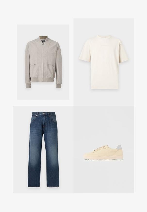 Veste bomber beige clair avec fermeture éclair à l'avant, col, poignets et bas côtelés, et deux poches à rabat pressionnées sur le devant.; T-shirt à manches courtes, col rond de couleur crème avec un logo discret embossé sur la poitrine, présenté sur un fond gris clair.; Jean droit bleu foncé avec fermeture avant à boutons et fermeture éclair, poches avant, et détails légèrement décolorés sur les cuisses.; Baskets basses beige à lacets, semelle rose clair et languette grise à l'arrière marquée "Filling Pieces", vues de profil sur fond uni.