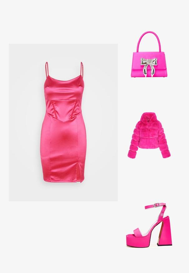 Faux fur cropped pufferjakke i lys pink, med hætte, pufærmer og vandret syninger over kroppen. Blød tekstur.; WAL G. CALEB CORSET MINI - Cocktailkjole / festkjole - fuchsia; Lyserøde platform sandaler med bred firkantet hæl, ankelrem, glat finish og åben tå design. Spændeaccent ved anklen.; Rosa håndtaske med en glat overflade, prydet med en sølvfarvet hjerteformet sløjfe og en struktureret rektangulær form. Sammenklappeligt håndtag.