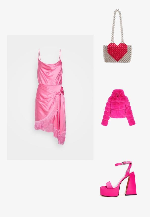 Faux fur cropped pufferjakke i lys pink, med hætte, pufærmer og vandret syninger over kroppen. Blød tekstur.; Cinq à Sept OCTAVIA DRESS - Cocktailkjole / festkjole - flamingo; Lyserøde platform sandaler med bred firkantet hæl, ankelrem, glat finish og åben tå design. Spændeaccent ved anklen.; Lille håndtaske lavet af sølvperler med et stort rødt hjerte foran og et håndtag af sølvperler.