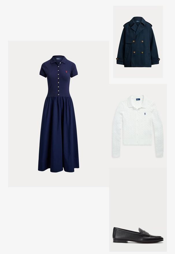 Tmavomodrý dvojradový plášť typu pea coat so širokými klopami, ramennými epolety, zapínanými manžetami a bočnými vreckami.; Biely pletený kardigán s dlhým rukávom, zapínaný na gombíky, s golierom a malým tmavomodrým logom Polo Ralph Lauren na ľavej strane hrude.; Tmavomodré polo šaty s krátkym rukávom, gombíkmi vpredu, golierom, nariaseným pásom a malým červeným logom na hrudi.; Čierne kožené loafers s textúrovaným povrchom, vybavené dekoratívnym pásikom a plochým podpätkom. Elegatný, minimalistický dizajn s okrúhlou špičkou.