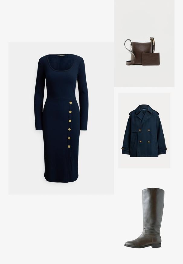 Caban bleu marine croisé avec larges revers, épaulettes, poignets boutonnés et poches latérales.; Robe midi côtelée bleu marine avec un décolleté carré et des manches longues, présentant un détail de boutons latéraux avec six boutons dorés.; Botte en cuir marron montant, avec une texture lisse, un bout arrondi et peu de détails de couture. Semelle plate avec un petit talon.; Sac seau en cuir brun foncé avec bandoulière ajustable et pochette assortie zippée, toutes deux embossées de petits logos de marque dorés.