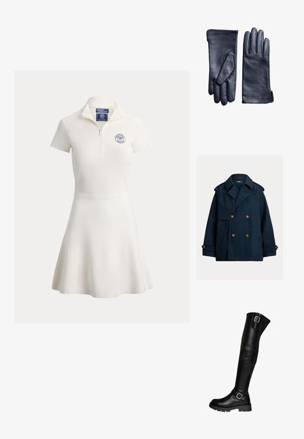 Mørkeblå dobbeltradet peacoat med brede revers, skulderklapper, knappede manchetter og sidelommer.; Hvid tennis-kjole med korte ærmer, lynlås-krave og Wimbledon-logo på brystet, med udvidet skørt og tætsiddende talje.; Sorte læderstøvler til knæene med chunky sål og to guldspænder, en ved anklen og en øverst.; Par sorte læderhandsker, den ene viser håndfladesiden og den anden bagsiden med detaljeret syning på hvid baggrund.