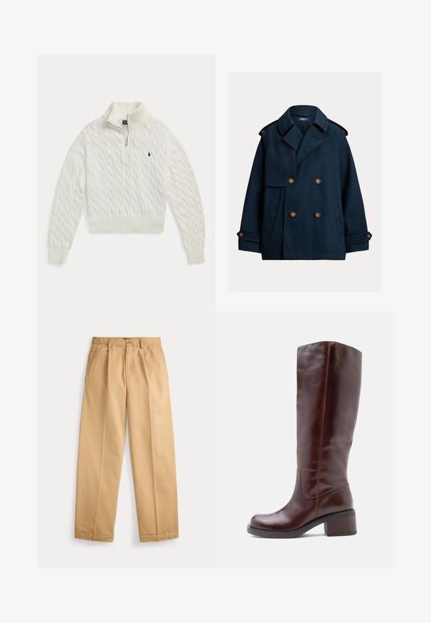 Mørkeblå dobbeltradet peacoat med brede revers, skulderklapper, knappede manchetter og sidelommer.; Hvid kabelstrikket sweater med halv lynlås, ribkrave, manchetter og kant, med en lille mørk broderet hestelogo på brystet.; Beige bukser med lige ben, lukning med knap og lynlås, forlommer, bæltestropper og pressede folder ned langs benene.; Brun læder knæhøj støvle med en rund tå, subtil syning og en kraftig hæl. Glat tekstur med en blank finish.
