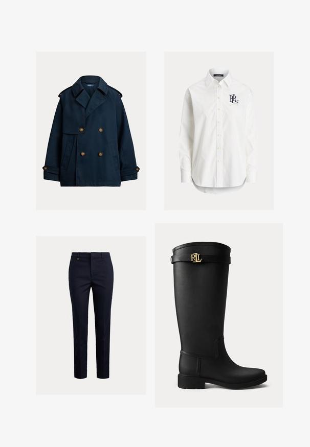 Tmavomodrý dvojradový plášť typu pea coat so širokými klopami, ramennými epolety, zapínanými manžetami a bočnými vreckami.; Biela košeľa s dlhým rukávom na gombíky, so špicatým golierom a čiernym vyšitým logom na ľavej strane hrude.; Námornícke chino nohavice vyrobené z bavlneného zmesi s užším strihom, hladkým predným dielom, bočnými vreckami a jedným zadným vreckom; obsahujú malú zlatú značku.; Čierna pršiplášťová čižma po kolená s nízkym podpätkom a zlatou prackou s logom RLL blízko vrchnej časti na jednoduchom svetlom pozadí.