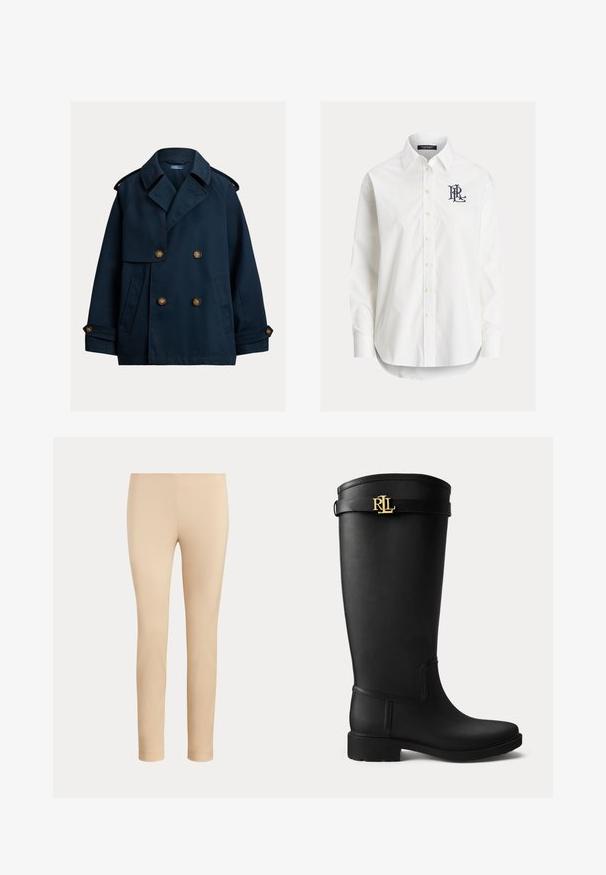 Mørkeblå dobbeltradet peacoat med brede revers, skulderklapper, knappede manchetter og sidelommer.; Hvid langærmet skjorte med knapper og spidser krave samt sort broderet logo på venstre bryst.; Beige slim-fit ankellange bukser med en glat finish og uden synlige lommer eller pynt på en ensfarvet baggrund.; Sort knæhøj gummistøvle med lav hæl og en guldfarvet RLL-logo spænde nær toppen på en ensartet lys baggrund.