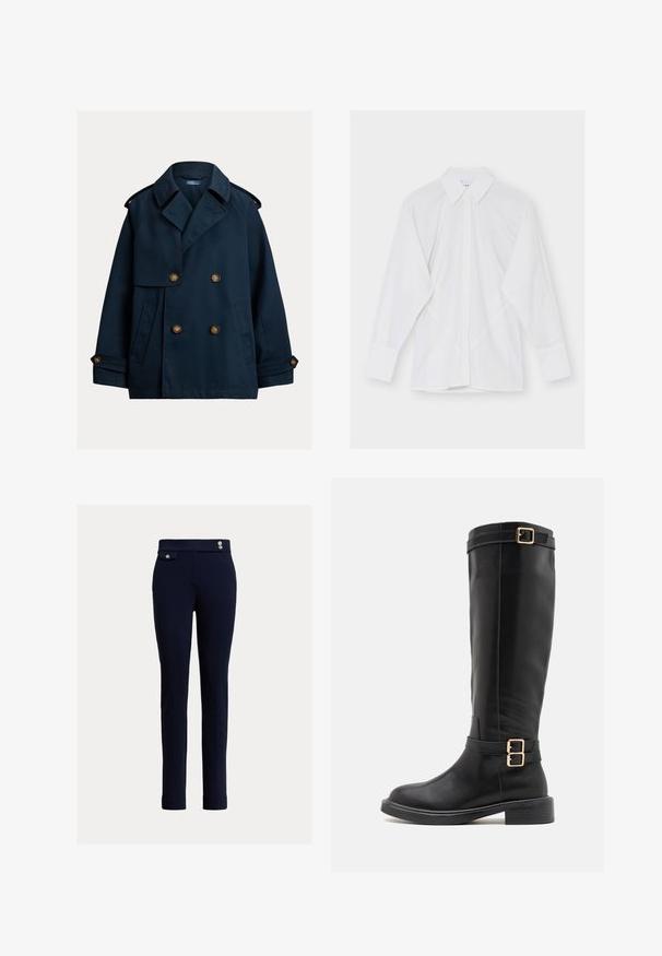 Caban bleu marine croisé avec larges revers, épaulettes, poignets boutonnés et poches latérales.; Chemise blanche à manches longues avec col pointu et boutons cachés à l'avant sur un fond uni.; Pantalon slim-fit bleu marine avec taille haute, poches plaquées à l’avant avec bouton, et deux boutons décoratifs à la taille.; Bottes noires à hauteur de genou en cuir lisse avec un bout arrondi, un talon épais et des accents de double boucle dorée sur la sangle de la cheville.
