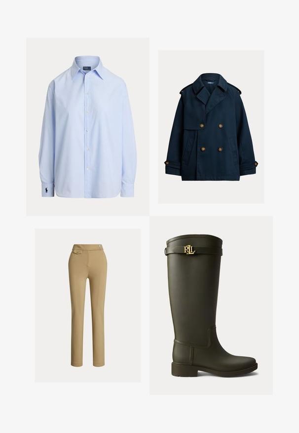 Tmavomodrý dvojradový plášť typu pea coat so širokými klopami, ramennými epolety, zapínanými manžetami a bočnými vreckami.; Svetlomodrá košeľa s dlhým rukávom s gombíkmi, so špicatým golierom a vyšitým logom na ľavom manžete, zobrazená na bielom pozadí.; Béžové oblekové nohavice s hladkou textúrou, vysokým pásom, dvoma dekoratívnymi gombíkmi a jednou zadnou vreckom. Strih na rovné nohy.; Vysoká tmavozelená gumená dažďová čižma s nízkym podpätkom a zlatým logom RLL na pásiku blízko vrchu.