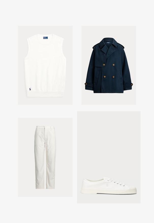 Tmavomodrý dvojradový plášť typu pea coat so širokými klopami, ramennými epolety, zapínanými manžetami a bočnými vreckami.; Biely tielkový top z mäkkého materiálu, s rebrovaným výstrihom a lemom. Malé námornícke logo vyšívané v dolnom ľavom rohu.; Biele nohavice s rovnými nohavicami, veľkými prednými nášivkovými vreckami, pútkami na opasok a zapínaním na gombík v páse.; Biele plátěné tenisky s okrúhlou špičkou, viazaním na šnúrky a diskrétnym logom. Majú štruktúrovanú textíliu a gumovú podrážku.