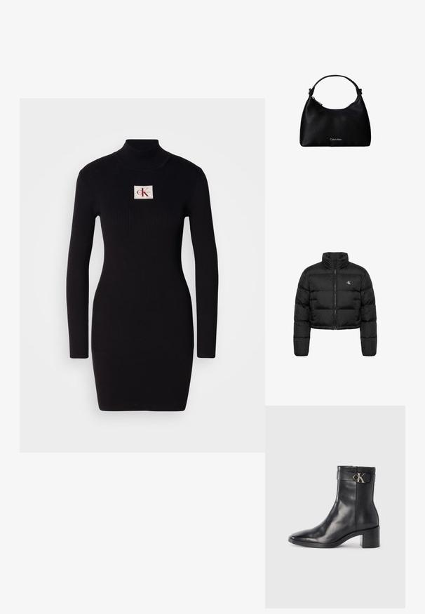 Schwarze, kurz geschnittene Steppjacke mit hohem Kragen, langen Ärmeln, Frontreißverschluss und kleinem weißem "cK" Logo auf der linken Brust.; Schwarzes, geripptes Langarmkleid mit hohem Kragen und rechteckigem Calvin Klein-Logo-Patch auf der Vorderseite. Einfaches, figurbetontes Design.; Schwarze Leder-Ankle Boots mit spitzem Zehenbereich, Blockabsatz und einem Riemen mit einem metallischen Logodetail. Glatte Textur und minimales Design.; Schwarze, strukturierte Lederhandtasche mit einem Tragegurt und silbernem Calvin Klein-Logo auf der Vorderseite, Reißverschluss an der Seite.