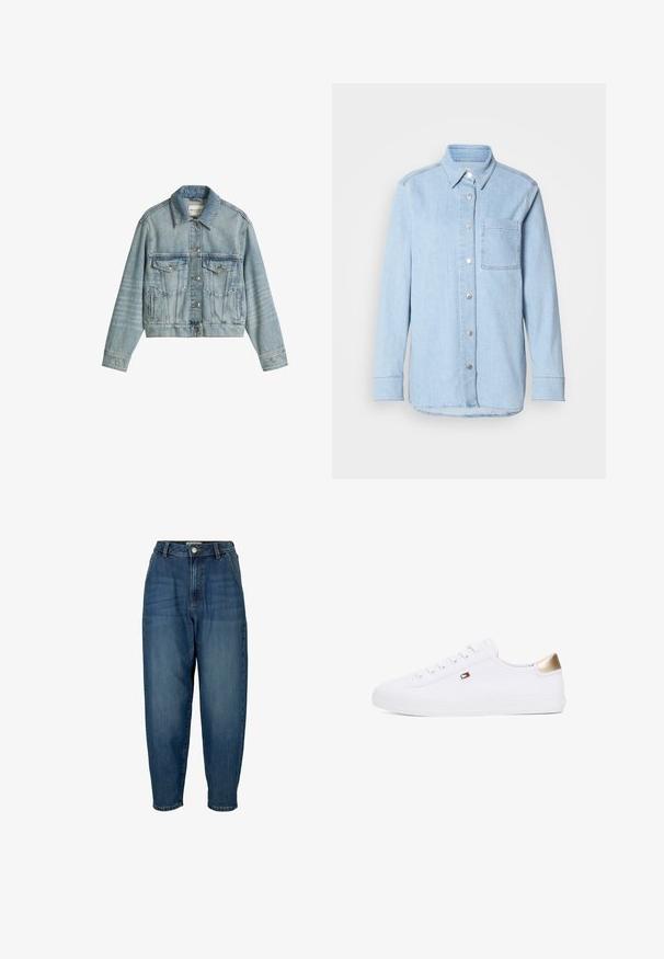 Lichtblauw spijkerjack met knopen aan de voorkant, twee borstzakken met kleppen, zijzakken met openingen en een klassieke kraag.; Lichtblauwe denim shirt met een knoopsluiting aan de voorkant, puntige kraag, één borstzak en lange mouwen met knoopmanchetten.; Hoge blauwe denim jeans met een ontspannen pasvorm, voorzien van voorkruiken, een ritssluiting en subtiele vervaging op de stof.; Witte canvas sneakers met ronde neus, vetersluiting aan de voorkant en een gouden accent op de hak. Beschikt over een klein embleem aan de zijkant.