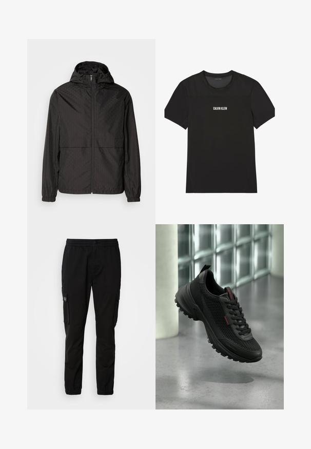 Veste coupe-vent noire avec un motif texturé présentant des lignes diagonales et des formes de losanges subtiles, fermeture éclair complète à l'avant, et capuche. Poignets élastiques.; T-shirt de sport noir à manches courtes avec empiècements en mesh sur le haut de la poitrine et les épaules, arborant le logo "Calvin Klein" centré sur le devant.; Pantalons cargo noirs avec taille élastique, fermeture à bouton, deux poches latérales et deux poches cargo. Tissu lisse avec une coupe relaxée.; Baskets noires Calvin Klein avec tige en mesh, col rembourré et semelle robuste, flottant au-dessus d'un sol en béton.