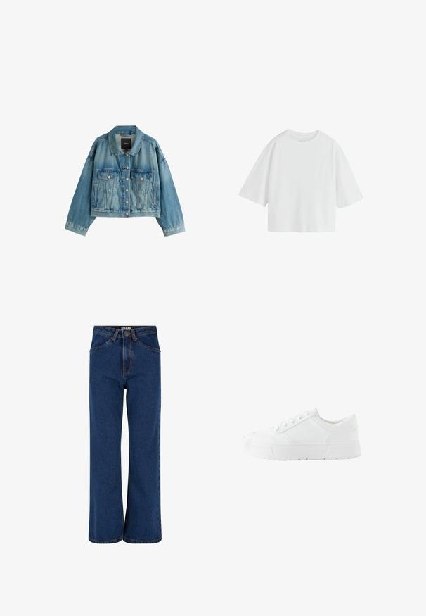 Lichtblauwe spijkerjack met knoopsluiting, twee borstflapzakken, zijzakken met openingen en een kraag.; Effen witte oversized T-shirt met korte mouwen, een ronde hals en een losse pasvorm.; Wijdvallende denim jeans in donkerblauw, met een hoge taille, voorpockets en contrasterende stiksels langs de naden.; Witte leren sneaker met een ronde neus, een getextureerd oppervlak, een vetersluiting met zes oogjes en een dikke witte rubberen zool.