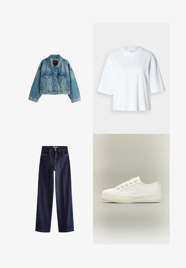 Lyseblå denimjakke med knaplukning, to brystlommer med klap, sidelommer med slidser og en krave.; Hvid cropped t-shirt med korte ærmer, rund halsudskæring, lavet af blødt bomuldsmateriale, med et enkelt og rent design.; Next Jeans Straight Leg - rinse blue; Hvid lavtop sneaker med tyk ribbet sål, snørelukning foran og trækflap på hælen mod en neutral baggrund.
