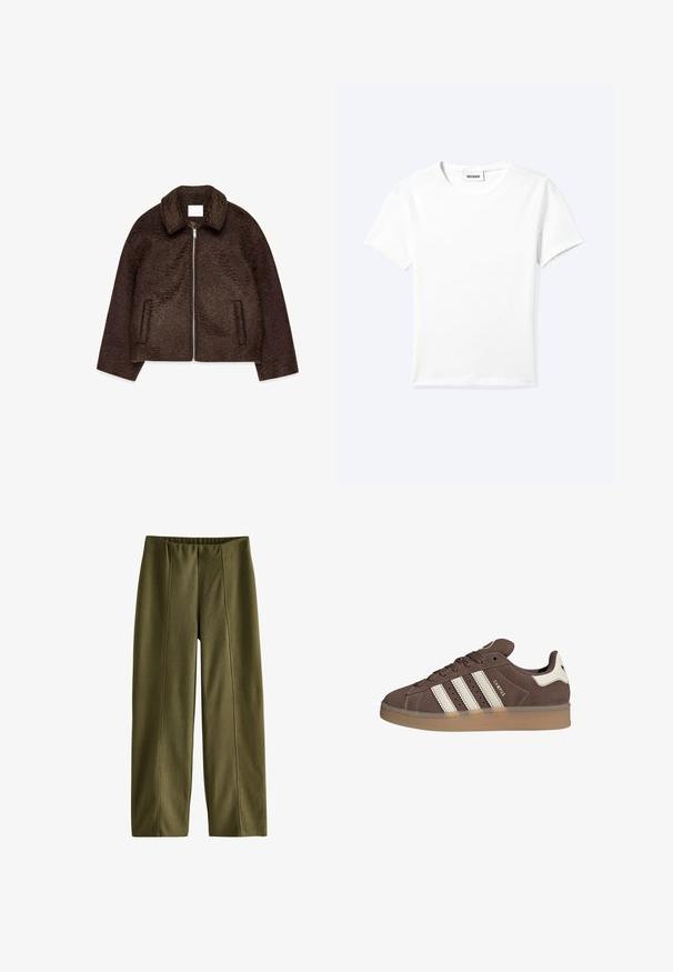 Chaqueta con cremallera de color marrón oscuro y textura, con un gran cuello y dos bolsillos delanteros tipo welt, presentada plana sobre un fondo blanco.; Camiseta blanca lisa de manga corta con cuello redondo y una pequeña etiqueta "WEEKDAY" dentro del cuello, mostrada extendida sobre un fondo claro.; Pantalones anchos de pierna ancha en verde oliva hechos de tela suave, con una textura lisa y detalles de costuras cosidas en la parte frontal para un diseño adicional.; Zapatilla de ante marrón con detalles en cuero blanco y tres rayas blancas. Presenta una puntera redonda y una suela de goma. Logotipo en el lateral.