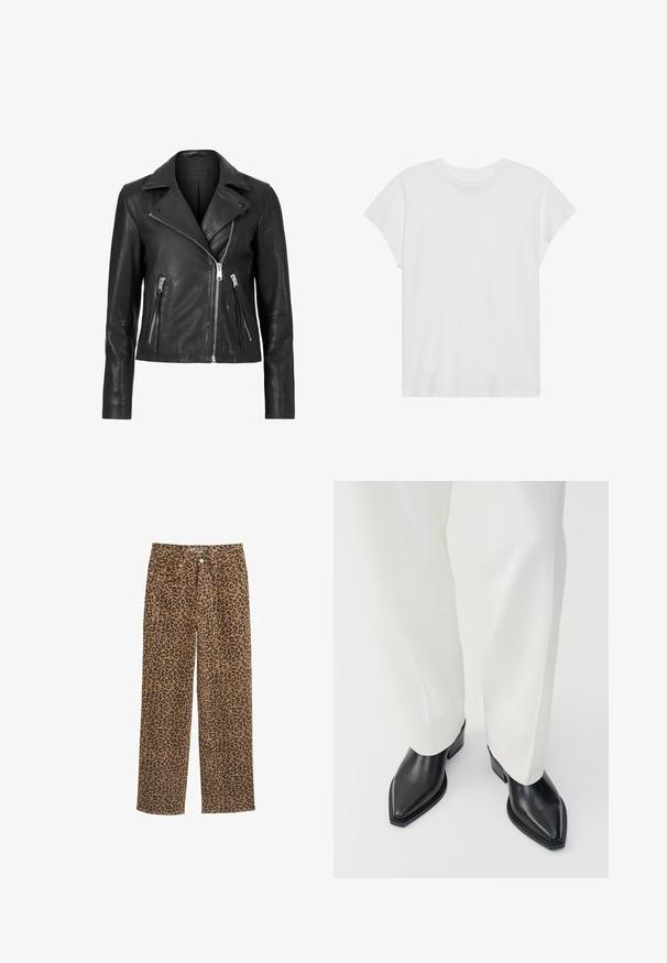 Zwarte leren motorjack met een asymmetrische rits, gekartelde revers en twee ritszakken aan de voorkant. Soepele textuur, slim fit ontwerp.; Witte t-shirt met korte mouwen, ronde hals, relaxte pasvorm, gemaakt van zacht katoen. Glad textuur, geen patronen of logo's.; Leopardprint denim broek, met een gemiddelde taillehoogte, rechte pijp, voorzien van een bruin en zwart patroon, knoopsluiting en een vijf-pocket ontwerp.; Zwarte puntige enkellaarzen met een gladde leren afwerking, lage blokhakken, gecombineerd met witte wijde broekspijpen. Eenvoudig en modern design.