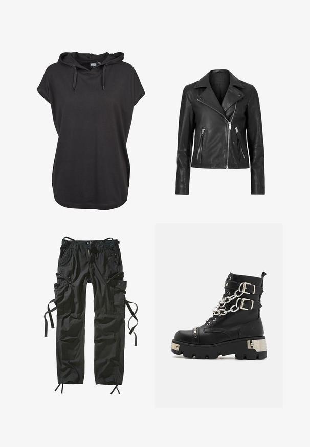 Schwarze Leder-Motorradjacke mit asymmetrischem Reißverschluss, eingekerbten Revers und zwei Reißverschlusstaschen auf der Vorderseite. Glatte Textur, taillierte Passform.; Schwarzes Kapuzenshirt mit kurzen Ärmeln, aus weichem Stoff gefertigt. Verfügt über verstellbare Kordeln und eine lockere Passform. Einfaches Design, ohne Muster.; Schwarze Cargo-Hosen aus leichtem Material, mit mehreren Taschen, Kordelzug seitlich und einem entspannten Schnitt mit verstärkten Nähten.; Koi Footwear SHACKLED SHADOWS HEAVY DUTY CHAIN - Cowboy-/Bikerstiefelette - black
