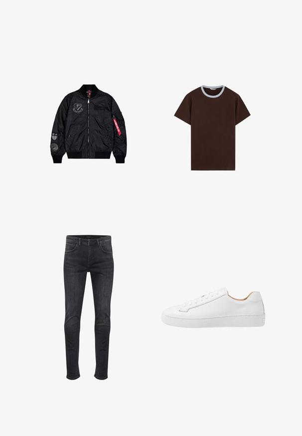 Zwarte bomberjack van glad nylon. Heeft een ritsopening, ribbelmanchetten en meerdere patches op de mouwen voor extra detail.; Donkerbruin T-shirt met korte mouwen, een contrasterende lichtgrijze ronde hals en een subtiel logo op de borst.; Skinny-fit jeans in donkergrijs denim, met zij- en achterzakken, een knoopsluiting aan de voorkant en subtiele vervagingdetails.; Witte leren sneaker met een gladde afwerking, ronde neus, platte vetersluiting en een dikke rubberen zool met een gestructureerd grippatroon.