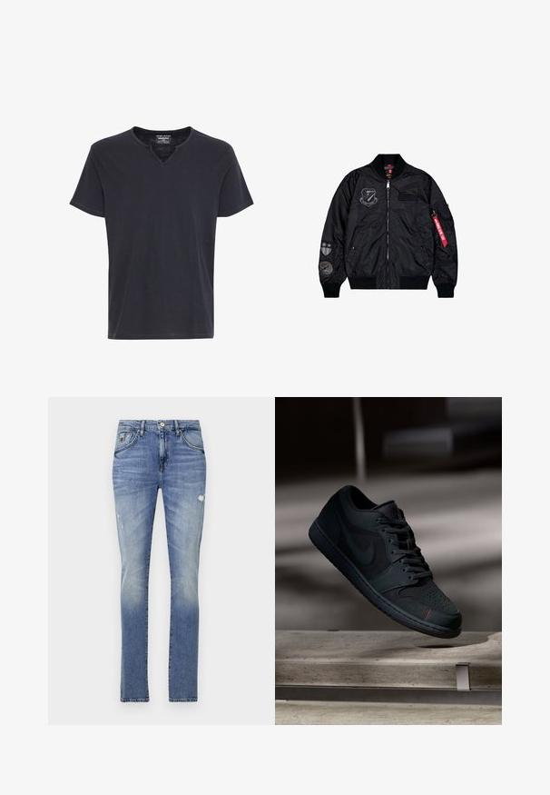 Sort bomberjakke lavet af glat nylon. Har lynlås lukning, ribbede manchetter og flere patches på ærmerne for ekstra detaljer.; Sort T-shirt med korte ærmer og V-formet hak i kraven med et enkelt, udekoreret design, vist på hvid baggrund.; Lys blå denimjeans med klassisk snit, der har en falmet finish, let slid, bæltestropper, fem lommer og sølvhardware.; Sorte Nike sneakers med en glat overdel i læder og ruskind, mørke snørebånd, perforeret tåboks og røde syninger. Flad således design.