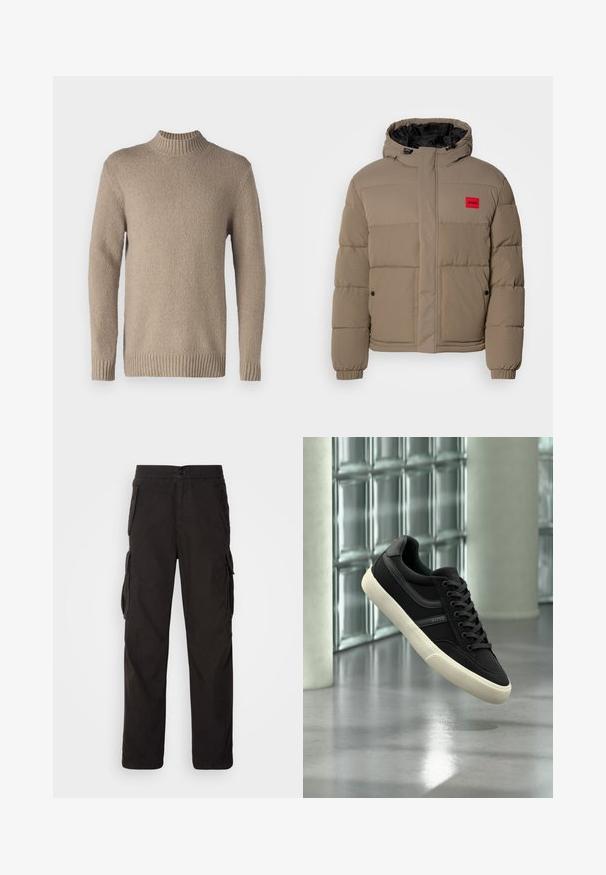 Pufferjack in lichtbruin, met een trekkoordcapuchon, een voorzijde rits en een rood logo-opdracht op de borst. Ontworpen met elastische manchetten en zakken.; Beige gebreide trui met een textuur op het oppervlak, geribbelde kraag en manchetten. Heeft lange mouwen en een rechte zoom voor een klassiek ontwerp.; Zwarte cargobroek met een rechte snit, elastische tailleband, meerdere zijzakken en een textiele stof voor duurzaamheid.; Zwarte lage sneaker met witte zool en veters, merk "BOSS", zwevend binnenshuis nabij glasblokkenramen en betonnen zuilen.