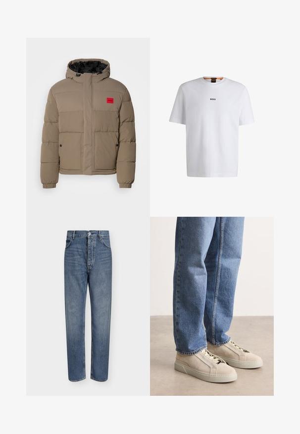 Steppjacke in hellbraun, mit verstellbare Kapuze, Frontreißverschluss und einem roten Logo-Patch auf der Brust. Ausgestattet mit elastischen Bündchen und Taschen.; Weißes Baumwoll-T-Shirt mit kurzen Ärmeln, ausgestattet mit einem schwarzen "BOSS"-Logo, das mittig auf der Brust platziert ist, und einem runden Halsausschnitt.; Gerade geschnittene blaue Jeans aus Denim mit hoher Taille, Frontknopfverschluss und Fünf-Taschen-Design auf einem schlichten hellen Hintergrund.; BOSS GARYTENN_SDHDEL - Sneaker low - natural ten