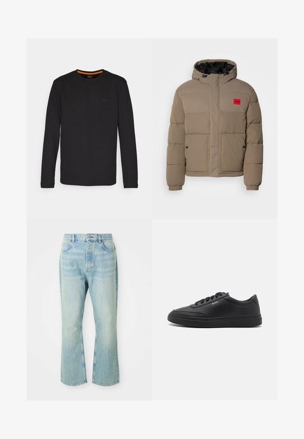 Chaqueta acolchada de color marrón claro, con capucha ajustable, cremallera frontal y un parche de logo rojo en el pecho. Diseñada con puños elásticos y bolsillos.; Camiseta negra de manga larga hecha de una tela suave, con escote redondo y un pequeño logo en relieve en el pecho con un acento naranja en el interior del cuello.; Jeans de mezclilla de color azul claro, acampanados y de cintura alta, con cinco bolsillos, trabillas para el cinturón y un acabado desgastado.; Zapatillas de cuero negro con una textura suave, punta redondeada, suela plana de goma y cordones a tono. Presentan el logotipo dorado "BOSS" en el lateral.