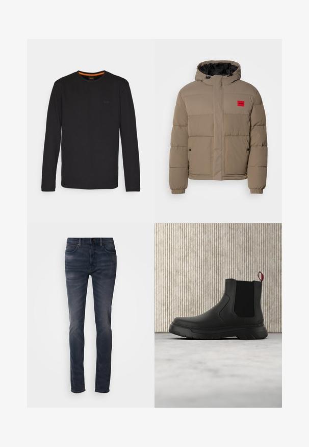 Kerge pruun puffjakker, millel on reguleeritav kapuuts, esine zipper ja punane logo patch rinnal. Disain sisaldab elastseid varrukaid ja taskuid.; Must have pikkade varrukatega must T-särk, mis on valmistatud siledast kangast, ümarate käeaugudega ja väikese kõrgendatud logoga rinna peal, millel on oranž aktsent kaela sees.; Tumedat sinist pesu teksapüksid kitsama lõikega, millel on nööpidega sulgumine, viis taskut ja õrn tuhmumine. Sirge säärega disain ja sile tekstuur.; Mustad musta värvi ankle boot, millel on sile viimistlus, elastsed külgpaneelid ja kontrastne punane tõmbetaba. Saapadel on paks kummist tald ja ümar varvas.