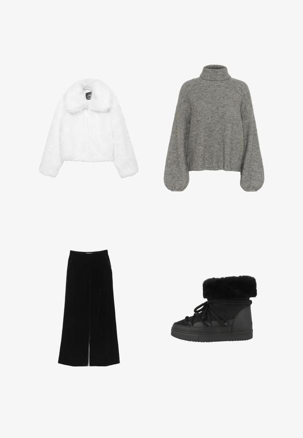 Hvid imiteret pels kort jakke med en bred krave, lange ærmer, ingen synlige lukninger og en blød, fluffet tekstur. Designet til en tætsiddende pasform.; Grå, ribbet strikket sweater med høj hals, drop skuldre og voluminøse ærmer. Blød tekstur og cropped længde.; Sorte velour brede bukser med en glat tekstur, der har høj talje, sidelommer og en central splitdetalje foran.; Sorte ankelstøvler med kunstpels, der har struktureret materiale, rund tå og flad gummisål. Inkluderer snørebånd til lukning.