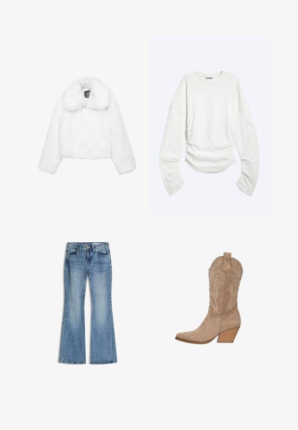 Weißer Kunstpelz-Cropped-Jacke mit weitem Kragen, langen Ärmeln, keinen sichtbaren Verschlüssen und flauschiger Textur. Für eine eng anliegende Passform entworfen.; Weißes Langarmshirt mit Rundhalsausschnitt, gerafften Details an der Taille und lockerem Sitz, innen am Kragen mit "WEEKDAY" beschriftet.; Blaue Jeans aus Denim mit hoher Taille und ausgestellten Beinen, ausgestattet mit vorderen Taschen und einem Knopfverschluss.; Beige Wildleder Cowboy-Stiefel mit spitzem Zeh, gestickten Details und einem gestapelten Absatz. Verfügt über eine Ziehhilfe für einfaches An- und Ausziehen.