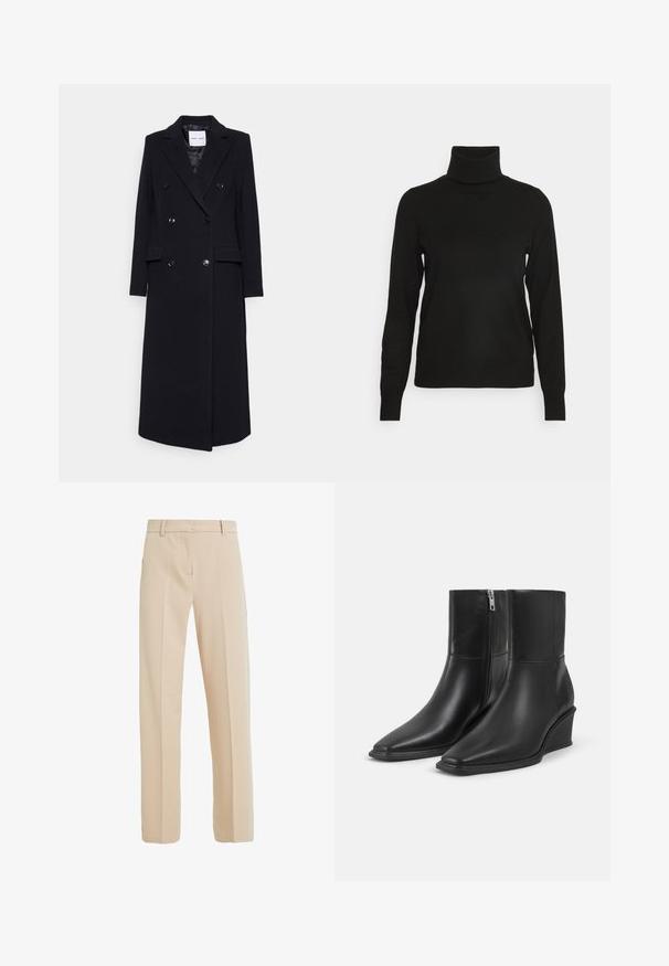 Samsøe Samsøe COAT - Klassischer Mantel - black; Schwarzer Turtleneck-Pullover aus weichem Material, mit langen Ärmeln und einem eng anliegenden Ausschnitt. Einfaches und vielseitiges Design.; Beige maßgeschneiderte Hose aus glattem Stoff, mit geradem Beinanschnitt, seitlichen Taschen und Bügelfalten auf der Vorderseite.; Paar schwarze Leder-Stiefeletten mit spitzen Zehen, Keilabsätzen und seitlichen Reißverschlussverschlüssen auf einfachem hellem Hintergrund.