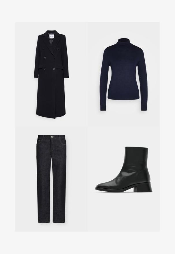Samsøe Samsøe COAT - Mantel - black; Marks & Spencer ROLL NECK - Trui - navy; Zwarte rechte spijkerbroek met voorzakken, riemlussen en knoopsluiting op een effen achtergrond.; Zwarte enkelboot van glanzend leer, met een slank ontwerp, spitse neus en een gematigde blokhak voor stabiliteit.