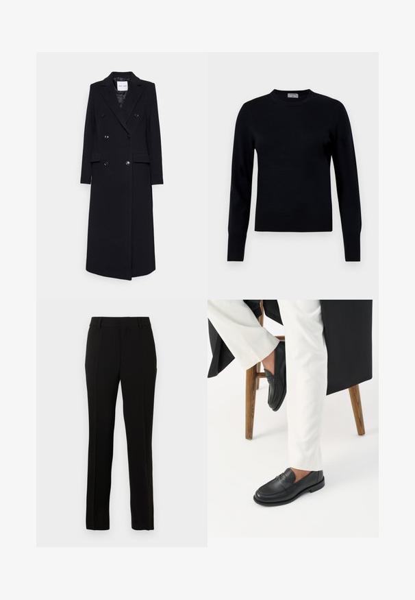 Samsøe Samsøe COAT - Manteau classique - black; Pull en tricot noir avec un col rond et des manches longues. Présente une texture lisse et des poignets côtelés, offrant une coupe et un design classiques.; Pantalons noirs ajustés en tissu lisse, présentant une coupe droite, des plis creux, des passants de ceinture et une fermeture éclair.; Personne portant des mocassins en cuir noir et un pantalon blanc assise sur un tabouret en bois devant un fond blanc.