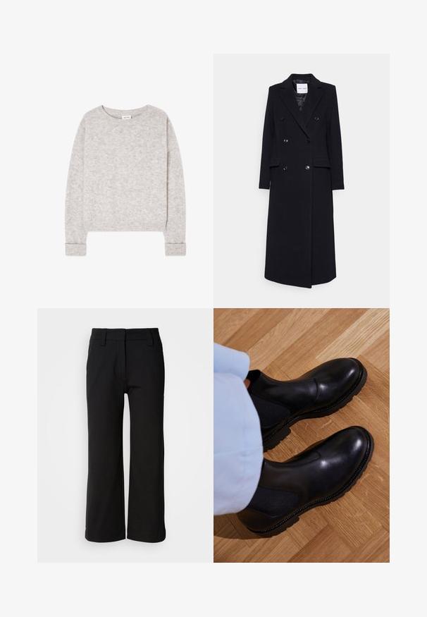 Samsøe Samsøe COAT - Klassikaline mantel - black; Helehall kootud pika varrukaga kampsun, ümar kaelus ning soonikkäiste ja -äärtega, laotatud valgele taustale.; Mustad laiad püksid, mis on valmistatud siledast kangast. Omavad lõike ees lamefronti, vööde jaoks silmuseid ning puhta hemmi, ilma taskute või nähtavate kinnitusteta.; Mustad musta värvi nahast ankle saapad, millel on elastsed külgpaneelid, tekstureeritud kummitald ja kontrastne õmblus ääres.