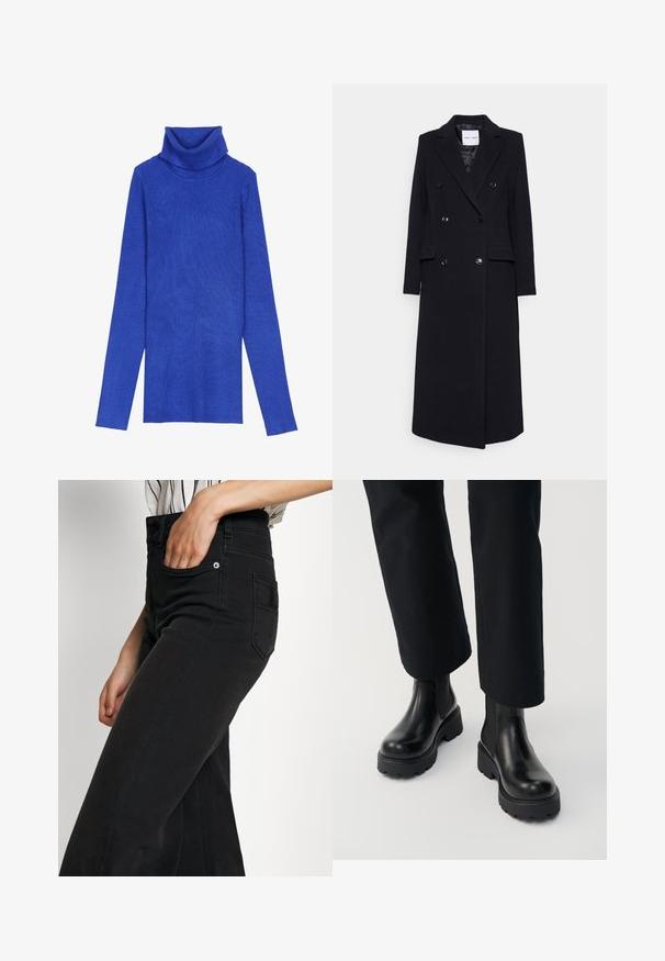 Samsøe Samsøe COAT - Mantel - black; Koningsblauwe geribbelde turtleneck trui gemaakt van textiel met lange mouwen en een omgeslagen kraag, met een slanke pasvorm.; Zwarte denim wijde pijpen jeans met een hoge taille, een voorzak en een achterzak met patch. Gladde textuur met minimale stiksel details.; Persoon die zwarte leren enkellaarzen met dikke zool draagt, gecombineerd met zwarte broek met rechte pijpen op een witte achtergrond.