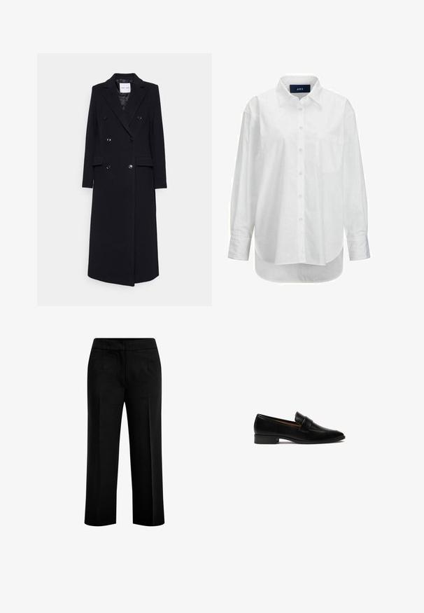 Samsøe Samsøe COAT - Klassischer Mantel - black; Weißes Langarmhemd aus glattem Baumwollstoff mit Button-Down-Kragen, Brusttasche und abgerundetem Saum. Verfügt über eine Schulterpasse für zusätzliche Struktur.; Schwarze, weite Hosen aus glattem Stoff mit zwei vorderen Taschen und einem flachen Bund. Maßgeschneiderter Schnitt mit klarer Silhouette.; Schwarze Lederloafer mit flachem Absatz, ausgestattet mit einem rechteckigen Riemen über dem Vorderfuß und einer glatten, polierten Oberfläche.