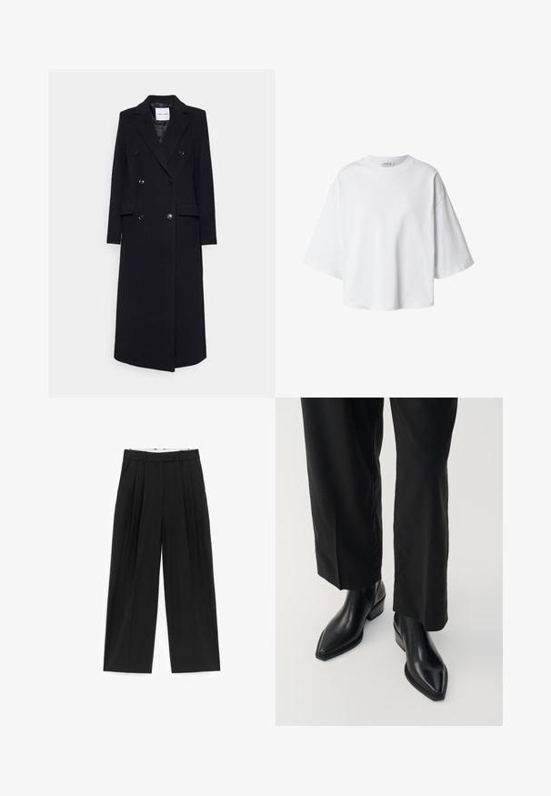 Samsøe Samsøe COAT - Mantel - black; Witte oversized T-shirt met korte mouwen, ronde hals en losse pasvorm, weergegeven op een eenvoudige achtergrond.; Zwarte broek met wijde pijpen, voorplooien, riemlussen en zijzakken, ontworpen voor een getailleerde pasvorm.; Zwarte leren enkellaarzen met een spitse neus, een gladde textuur en een vierkante hak. Gecombineerd met zwarte, wijde broekspijpen, wat een stijlvolle silhoutte creëert.