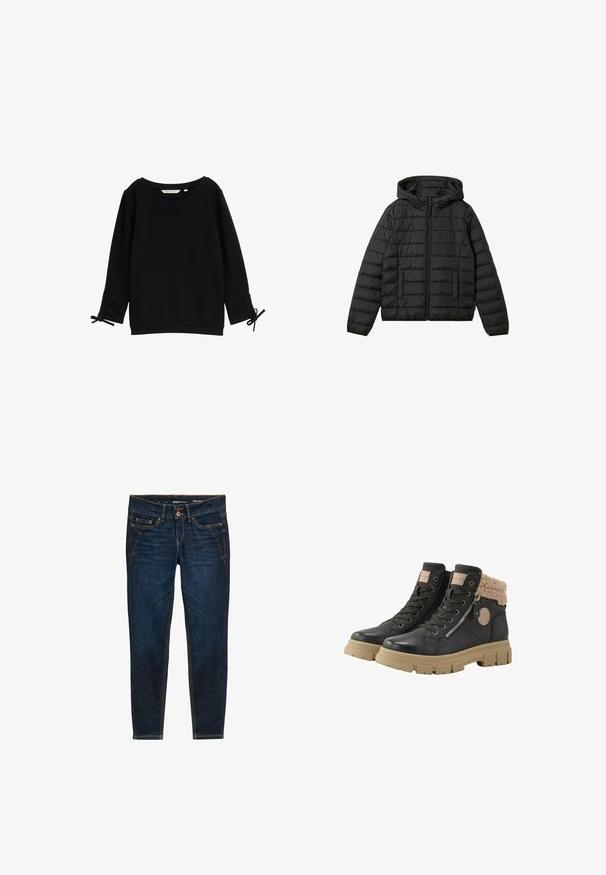 Sort quiltet hættejakke med frontlynlås og sidelommer, lange ærmer og vandrette syninger.; Sort tekstureret sweatshirt med bred halsudskæring, lange ærmer og justerbare snore ved manchetterne. Blødt stof, minimalistisk design.; Mørkeblå denim jeans med slim fit, der har orange syninger, fem lommer og en knaplukning i taljen.; TOM TAILOR LICENCE - Vinterstøvler - black