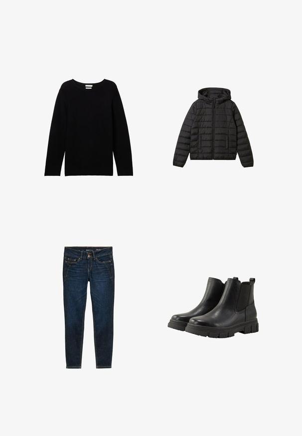 Veste noire matelassée à capuche avec fermeture éclair sur le devant et poches latérales, manches longues et détails de coutures horizontales.; Pull noir à manches longues en tissu côtelé, avec un col rond et des épaules tombantes, offrant une coupe décontractée et sans accents visibles.; Jean en denim bleu foncé avec une coupe ajustée, présentant des coutures orange, cinq poches et une fermeture à bouton à la taille.; TOM TAILOR Boots à talons - black