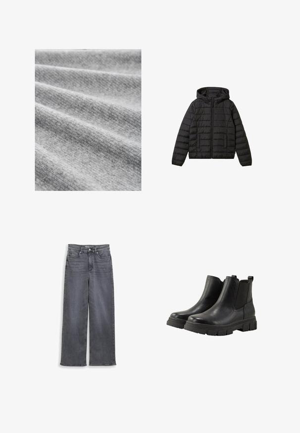 Veste noire matelassée à capuche avec fermeture éclair sur le devant et poches latérales, manches longues et détails de coutures horizontales.; Tissu gris clair à texture fine, présentant des plis doux et un motif légèrement chiné, illustrant une apparence chaleureuse et confortable.; Jean à jambes larges en denim gris foncé. Présente une taille standard avec cinq poches et un léger délavage sur le tissu. Couture classique.; TOM TAILOR Boots à talons - black