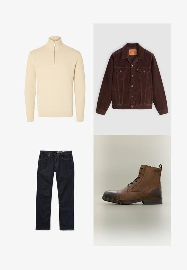 Veste en velours côtelé marron avec un col pointu, deux poches poitrine, des poches latérales et des boutons-pression sur le devant. Tissu texturé avec un motif côtelé.; Pull beige en maille avec un col montant côtelé et une courte fermeture éclair à l'avant, avec des manches longues et des poignets et un bas côtelés.; Jean en denim bleu marine avec une coupe droite, comportant cinq poches, des coutures orange et une fermeture à bouton à la taille.; Botte cheville en cuir marron à lacets avec bout noir, semelle ronde et détail de marque sur le côté sur fond uni.